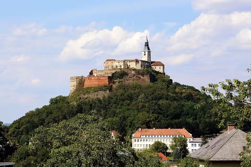 Burg Güssing auf dem bewaldeten Hügel über den Häusern