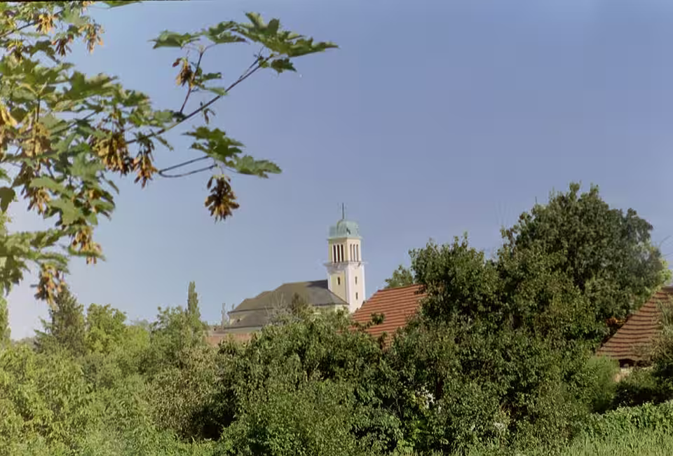 Historisches Spital mit Turm hinter Bäumen in Kittsee