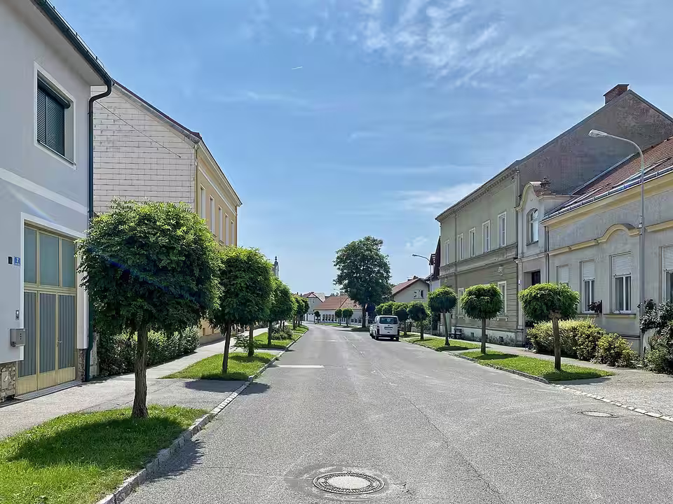 Hauptstraße mit Bäumen und Häusern in Oberschützen