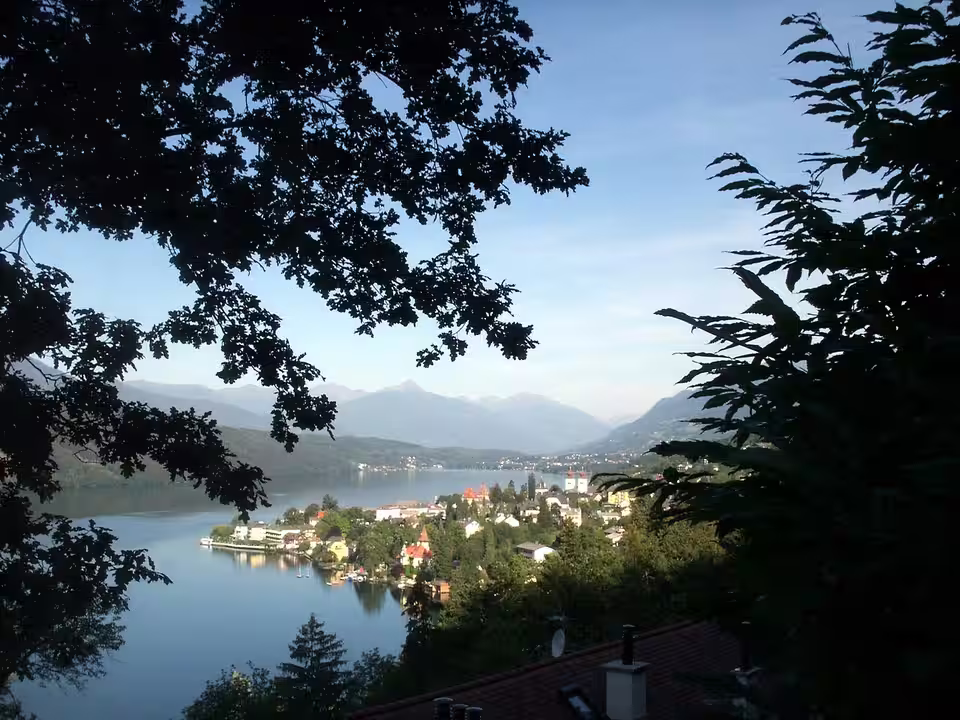 Blick durch Bäume auf Millstatt und den Millstätter See