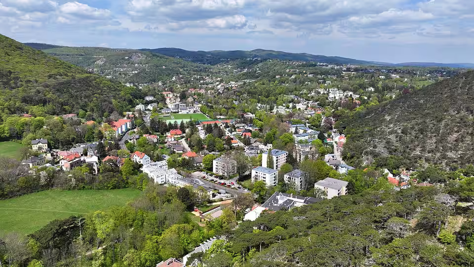 Blick über Hinterbrühl und die umliegenden Hügel.