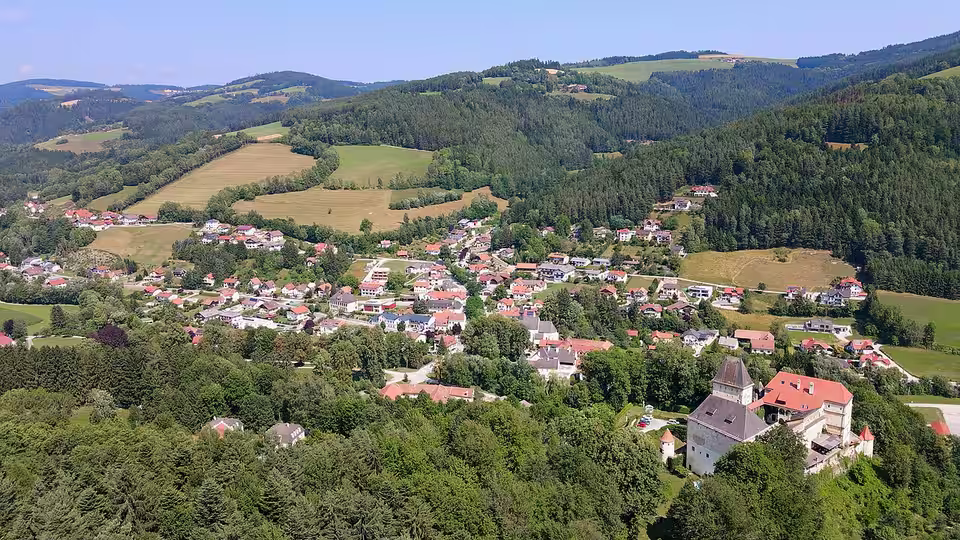 Luftaufnahme von Feistritz am Wechsel mit der Burg.
