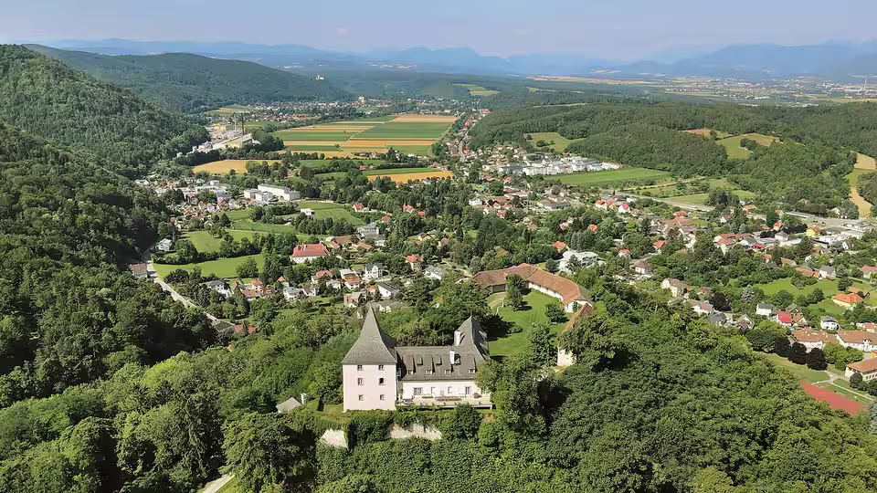 Blick über Pitten mit der Burg im Vordergrund.