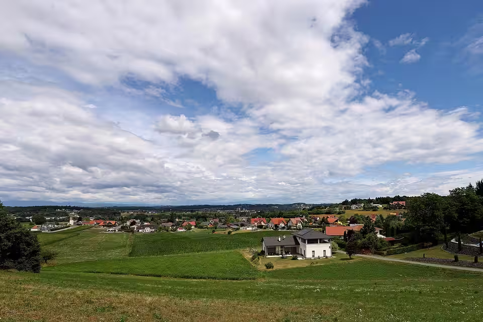 Blick über Wiesen auf Wettmannstätten unter bewölktem Himmel