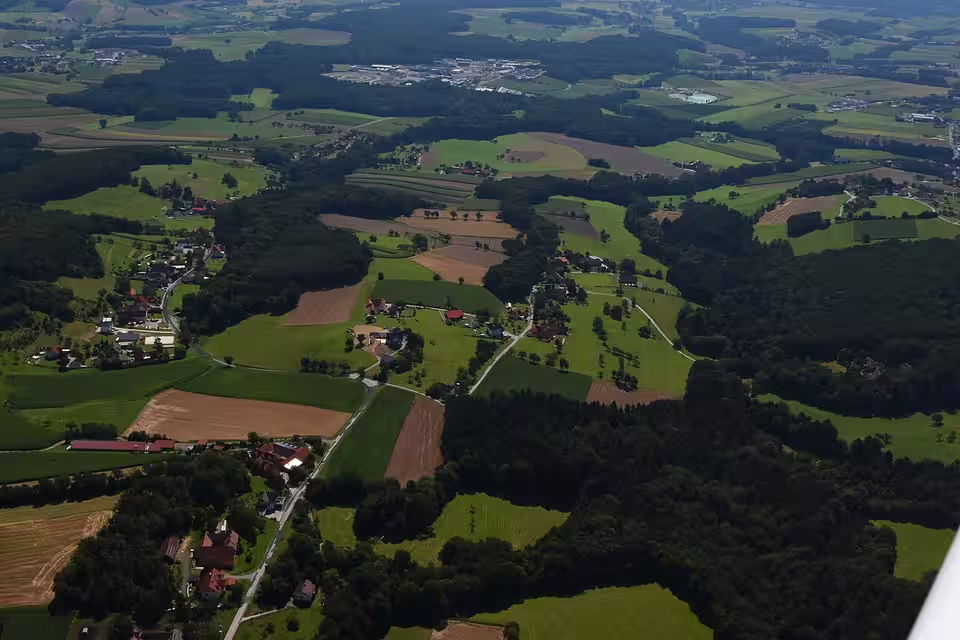 Luftaufnahme der Häuser und Felder von Greinbach